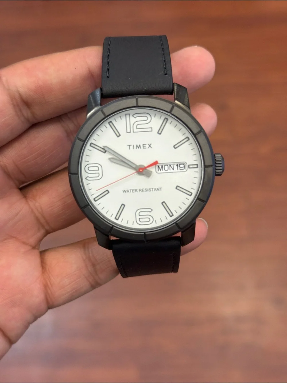 Timex Black Leather Strap Watch with White Dial and Red Seconds Hand Mens Watch